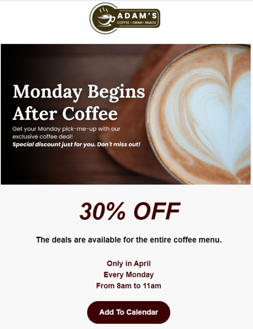 Adam's Cafe Email Marketing Sample 1